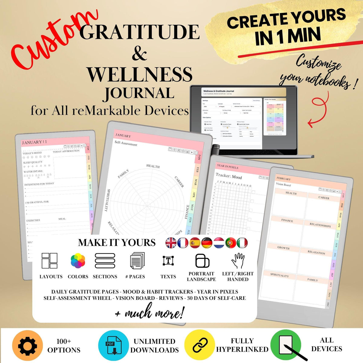 Wellness & Gratitude Journal Creator for reMarkable Paper Pro Move, Paper Pure, rM2 | Build Your Own Mood Tracker, Year in Pixels and more