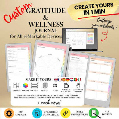 Wellness & Gratitude Journal Creator for reMarkable Paper Pro Move, Paper Pure, rM2 | Build Your Own Mood Tracker, Year in Pixels and more